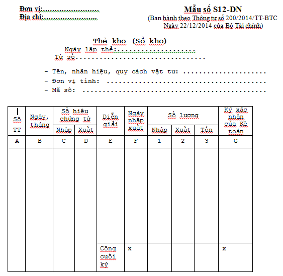 Mẫu Thẻ Tải sản cố định theo Thông tư 133 và 200